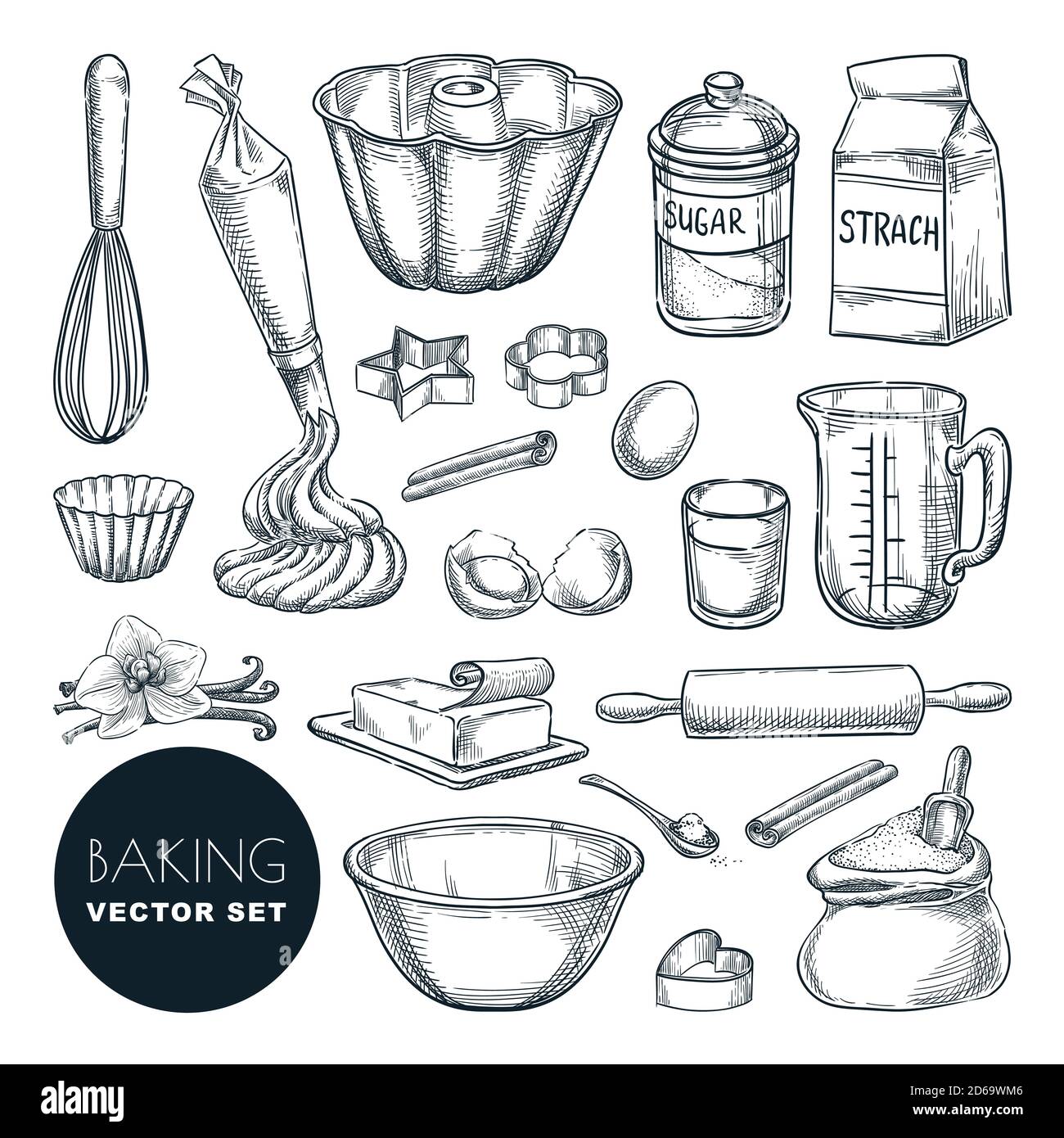 Outils de cuisson et ingrédients. Illustration d'esquisse vectorielle dessinée à la main. Ensemble d'éléments de cuisine et de recettes, isolé sur fond blanc. Cuisine ute Illustration de Vecteur