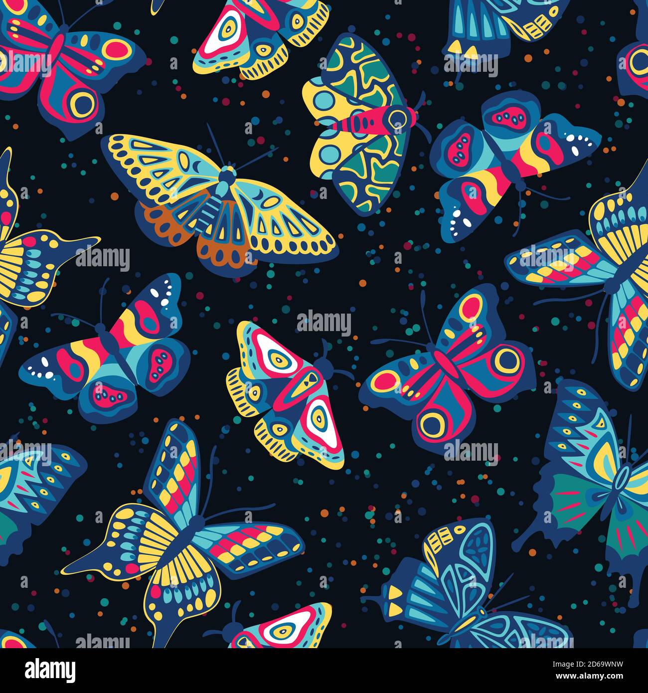 Collection de jolis papillons colorés sur fond noir. Motif vectoriel bleu marine sans couture. Imprimé en tissu pour enfant. Insectes tropicaux multicolores Illustration de Vecteur