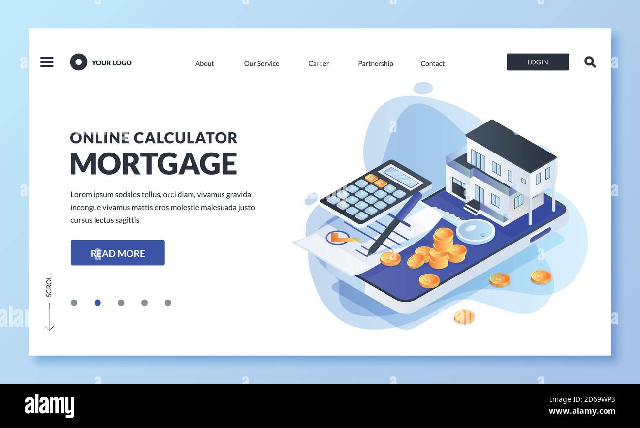 Application en ligne pour le calculateur de taux hypothécaire. Illustration isométrique vector 3d. Concept de prêt immobilier, investissement immobilier. Page d'arrivée Web, bannière, Illustration de Vecteur