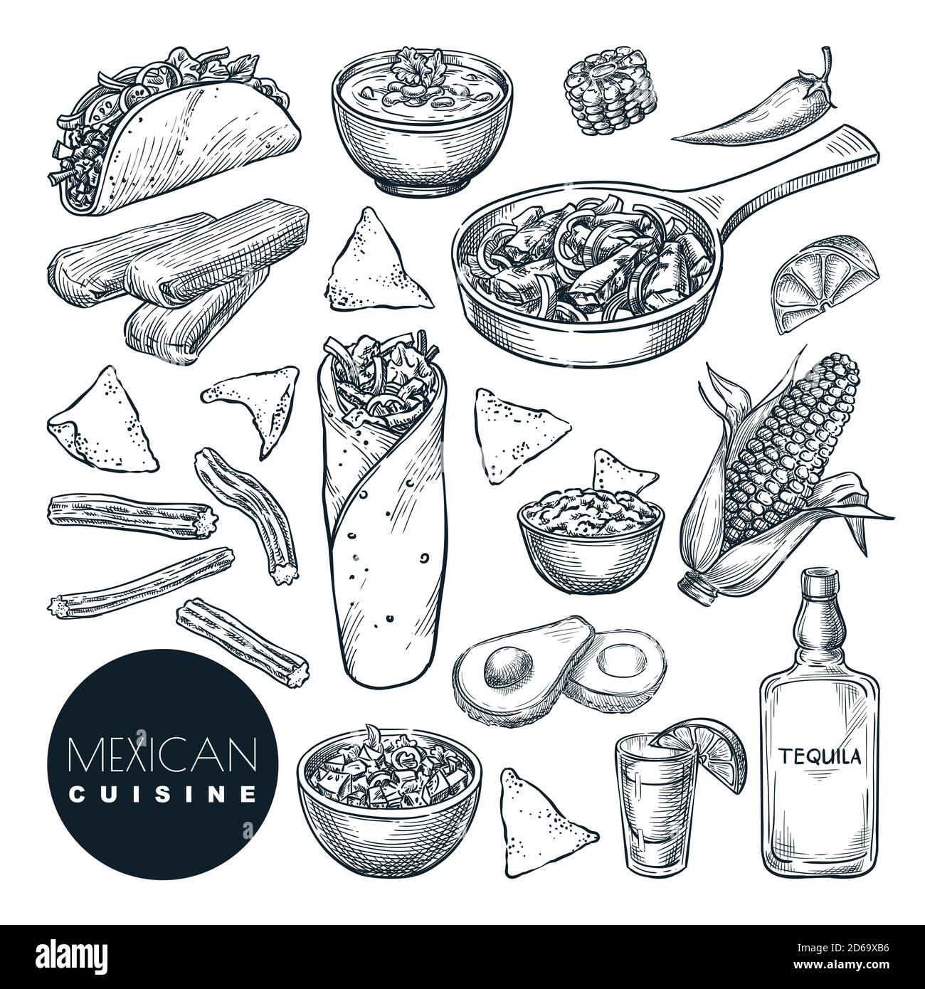 Cuisine traditionnelle mexicaine, illustration vectorielle. Ensemble de repas légers isolés tirés à la main. Menu du restaurant ou du café. Illustration de Vecteur