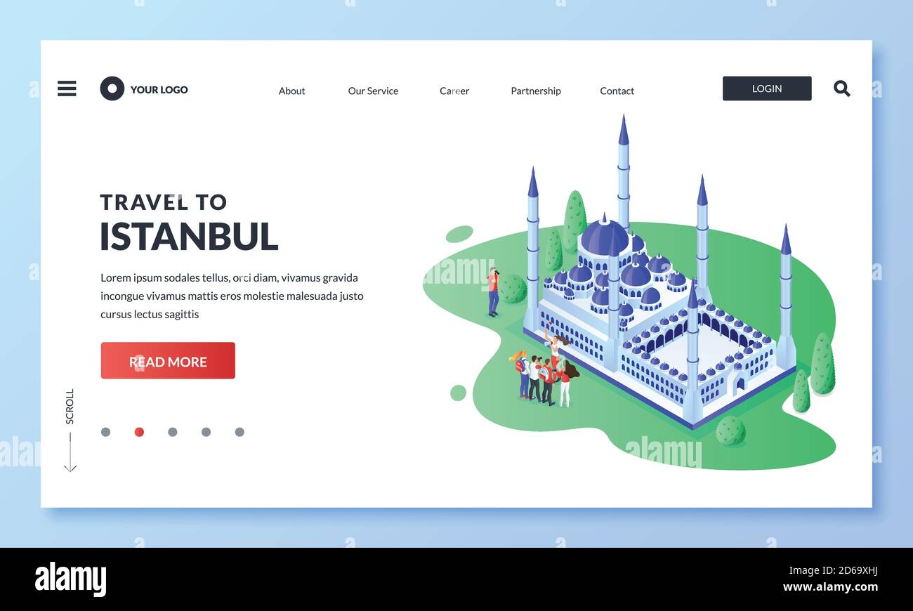 Voyage à Istanbul, Turquie. Vecteur 3d illustration isométrique du Sultan Ahmad Mosquée bleue, groupe touristique avec guide. Page d'arrivée Web, bannière, affiche d Illustration de Vecteur