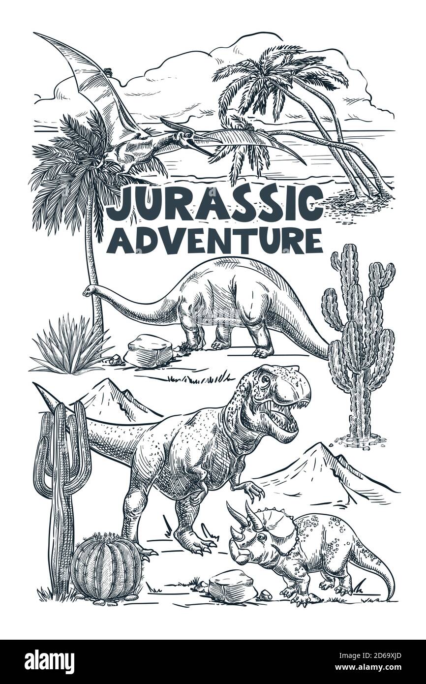 Dinosaures et paysage tropical. Illustration d'esquisse vectorielle dessinée à la main. Imprimé ou banderole en tissu de mode, motif poster. Illustration de Vecteur