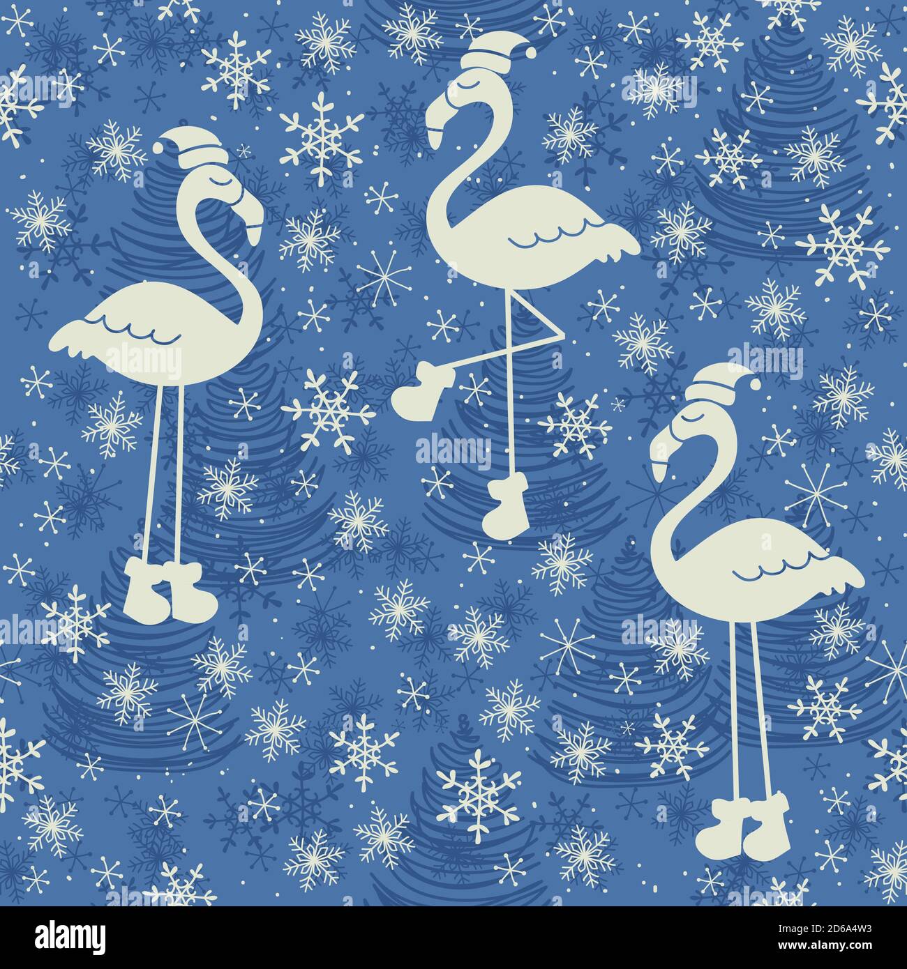 Motif de Noël sans coutures avec flamants roses et flocons de neige pour cartes de vœux et papier d'emballage. Illustration vectorielle dessinée à la main. Illustration de Vecteur