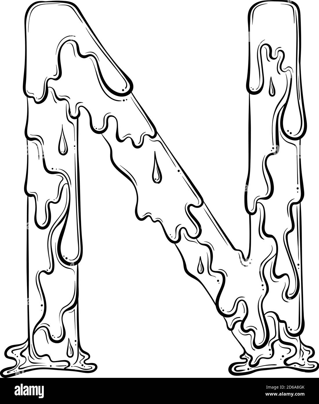 Lettre N avec gouttes d'eau et éclaboussures de matière. Symbole de liquide goutte à goutte. Police vectorielle tendance, style art au trait dessiné à la main, isolée sur fond blanc. Logo Slime ou lettre initiale. Illustration de Vecteur