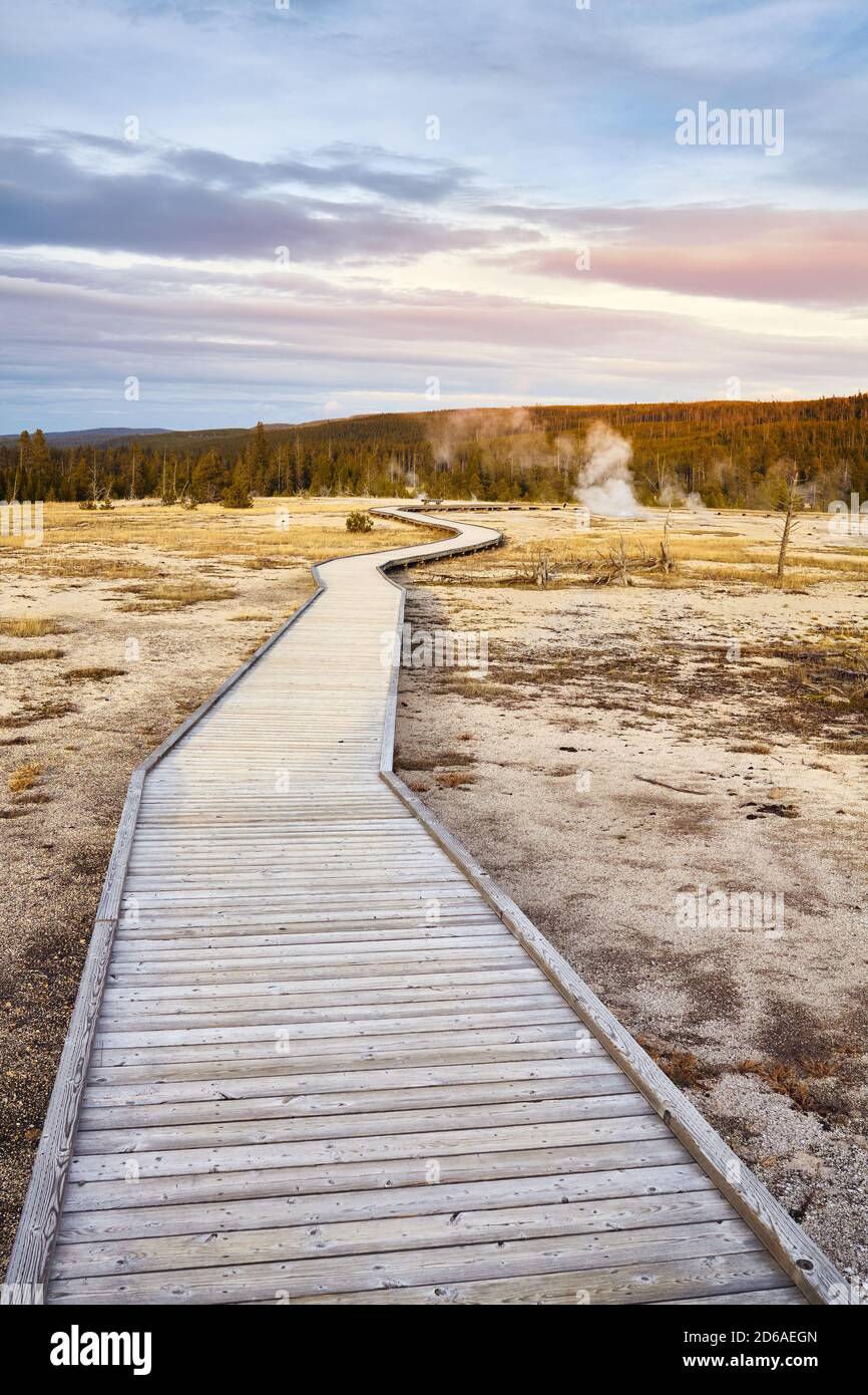 Pont en bois dans le parc national de Yellowstone au coucher du soleil, Wyoming, États-Unis. Banque D'Images