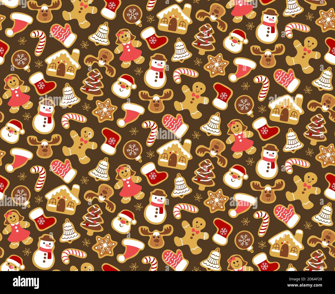 Motif de Noël sans couture avec biscuits au pain d'épice isolés sur fond brun foncé. Couleurs chaudes. Illustration du vecteur EPS 10. Illustration de Vecteur