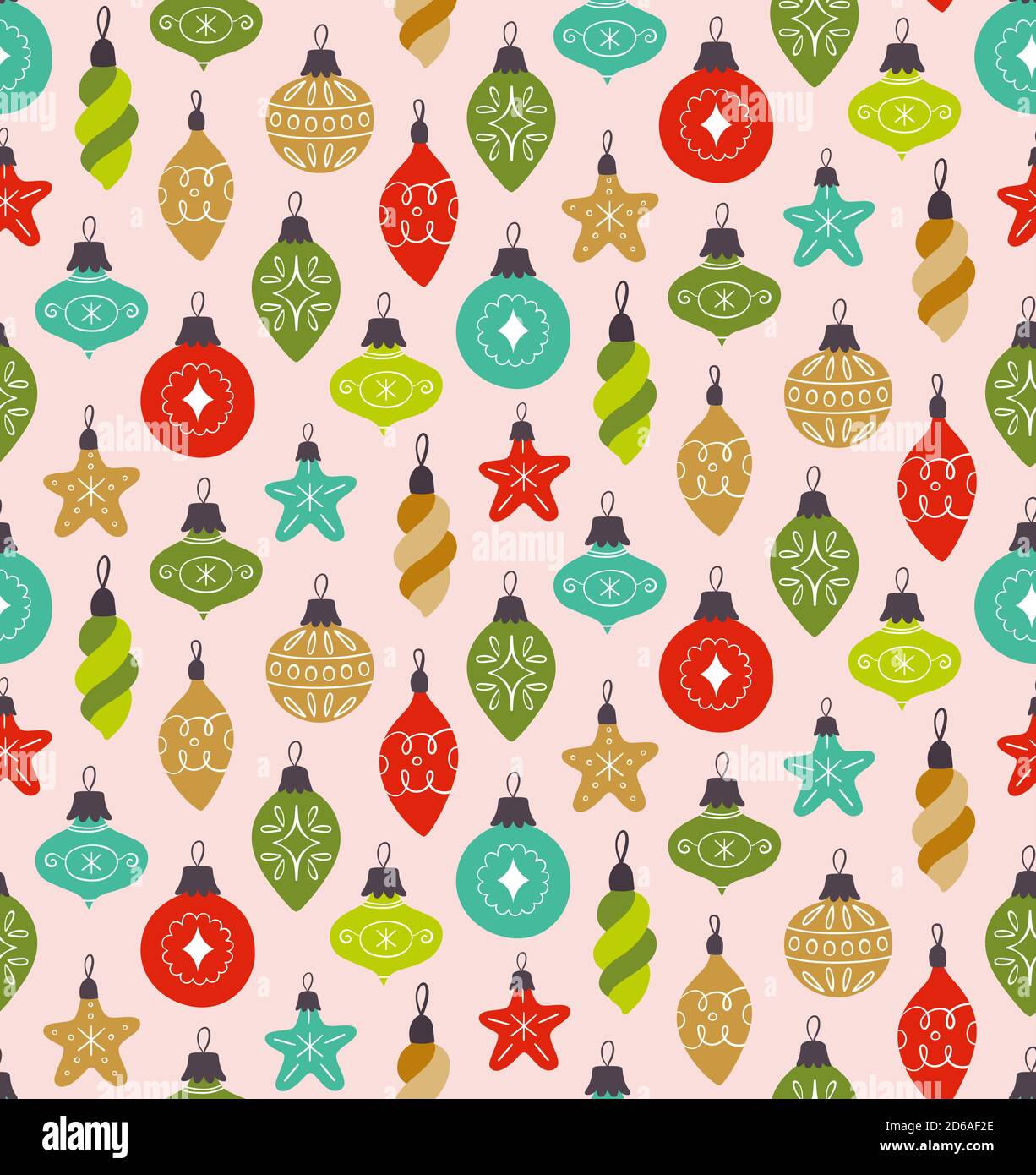 Motif de Noël sans couture avec adorables ornements décoratifs en forme de boules, isolés sur fond rose. Illustration du vecteur EPS 10. Illustration de Vecteur