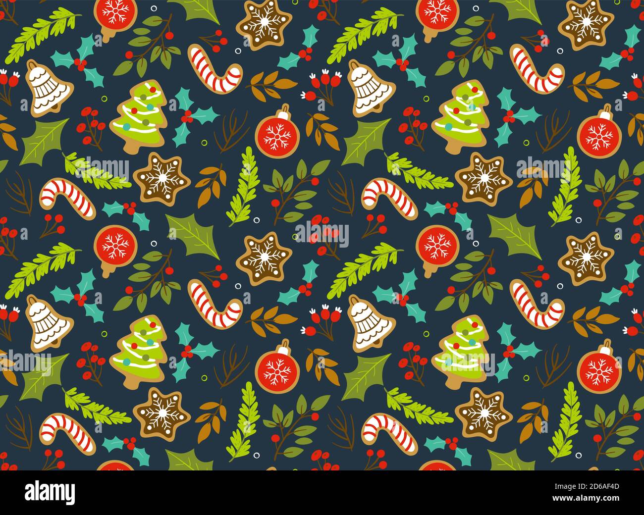 Motif de Noël sans coutures avec feuilles de saison, branches et biscuits. Arrière-plan bleu foncé. Illustration du vecteur EPS 10. Illustration de Vecteur