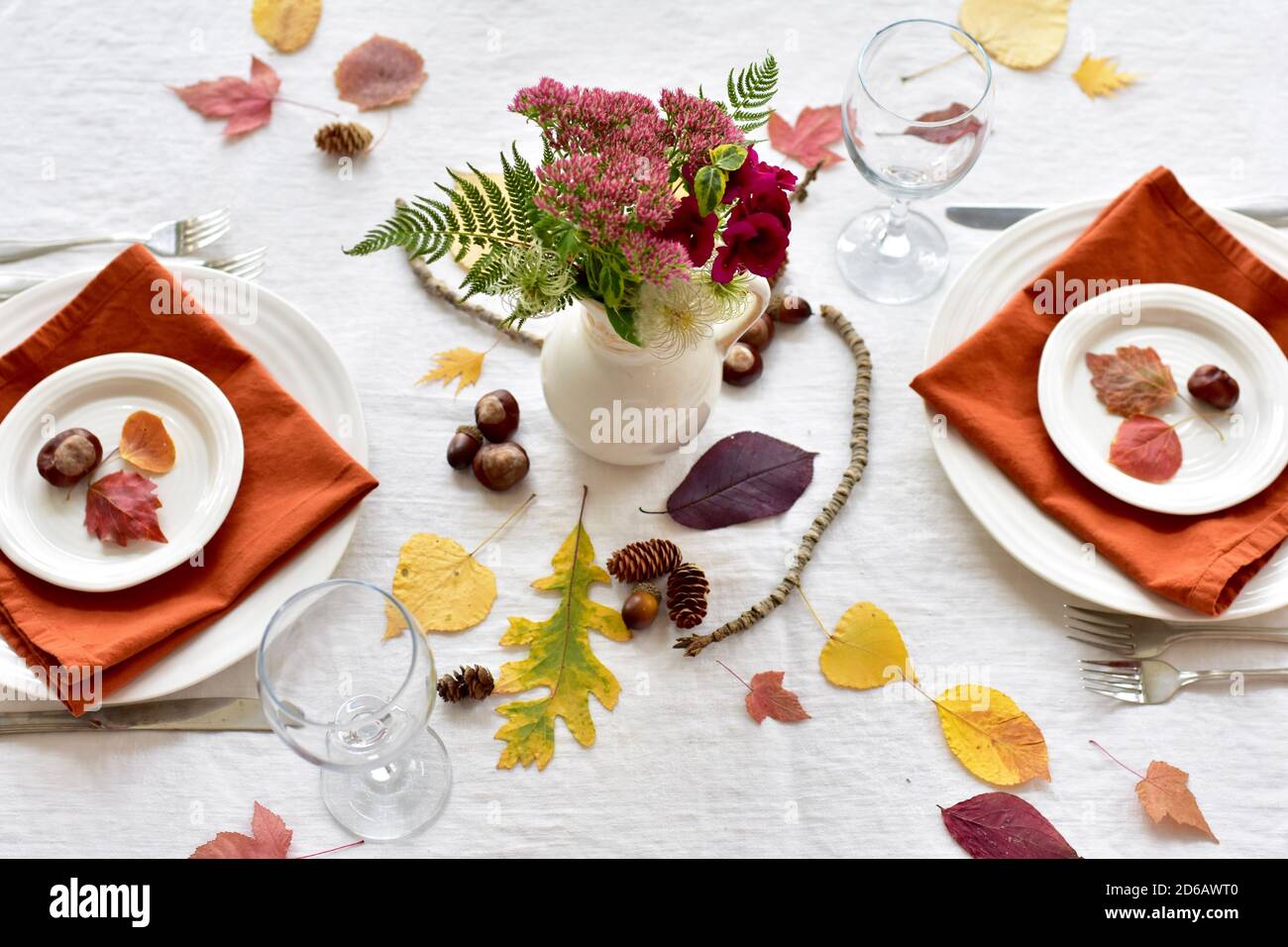 Décoration de table de moisson de Thanksgiving avec éléments naturels de feuilles d'automne et des éléments colorés Banque D'Images