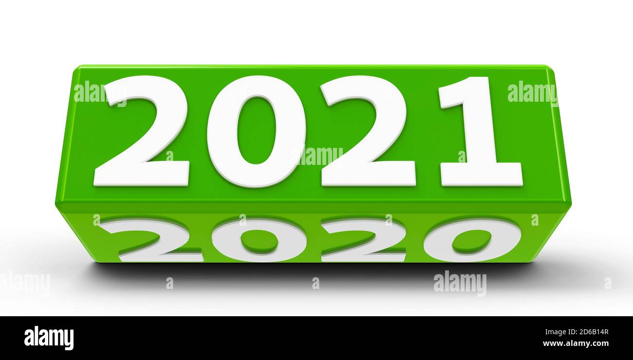 Cube vert (cuboïde) avec 2021-2020 changements sur une table blanche représente la nouvelle 2021, rendu tridimensionnel, illustration 3D Banque D'Images
