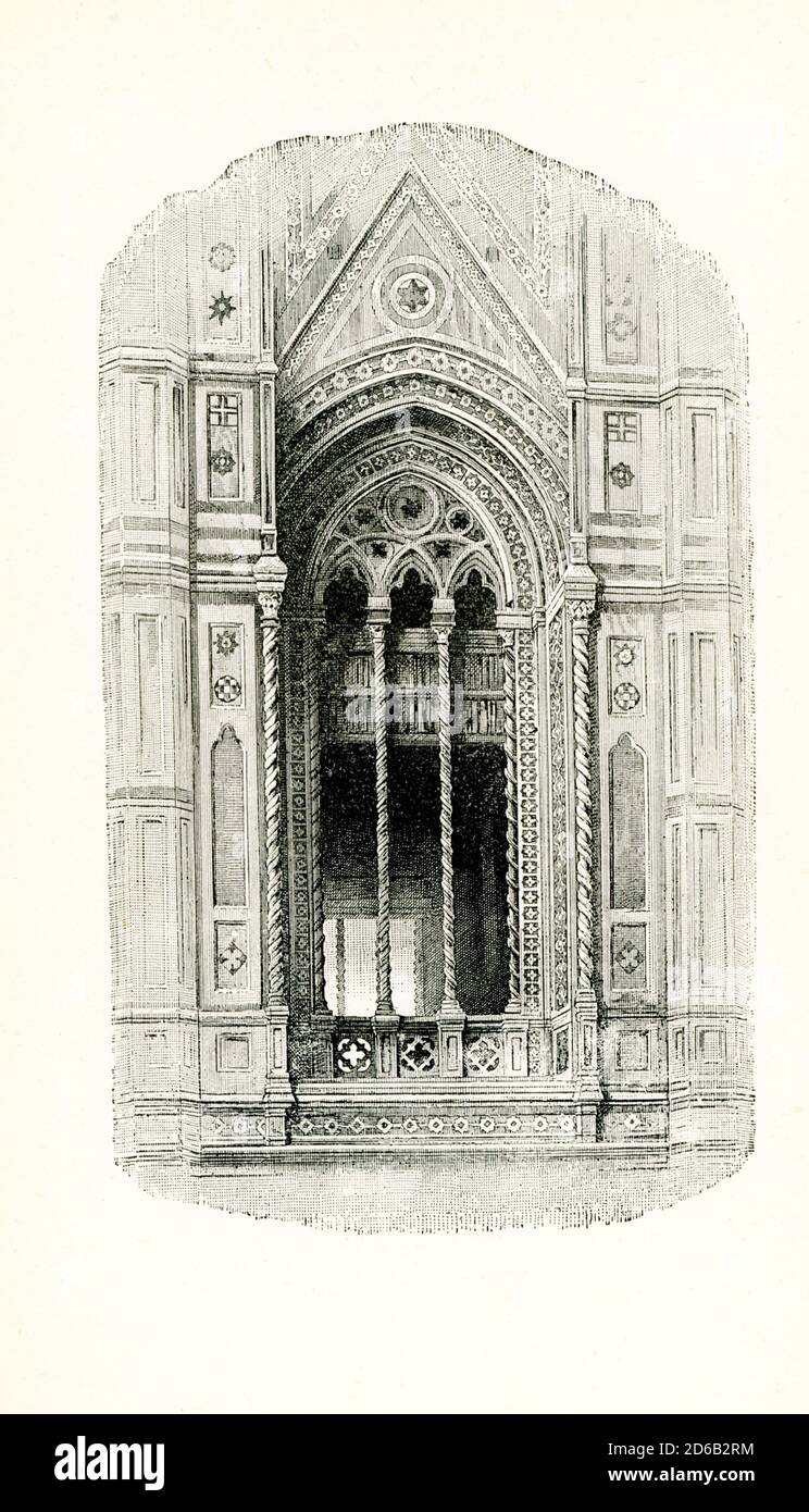 Cette illustration de la tracerie du Campanile de Giotto à Florence est tirée de l’essai de John Ruskin intitulé « les sept lampes de l’architecture », publié en 1849. Le Campanile de Giotto est un Campanile autonome ou clocher qui fait partie du complexe de bâtiments qui composent la cathédrale de Florence sur la Piazza del Duomo à Florence, en Italie. La tracerie fait référence aux éléments en pierre qui soutiennent le verre dans une fenêtre. Le terme dérive probablement des planchers de traçage sur lesquels les modèles complexes de fenêtres ont été disposés dans l'architecture gothique tardive. John Ruskin était le principal critique d'art anglais de la Banque D'Images