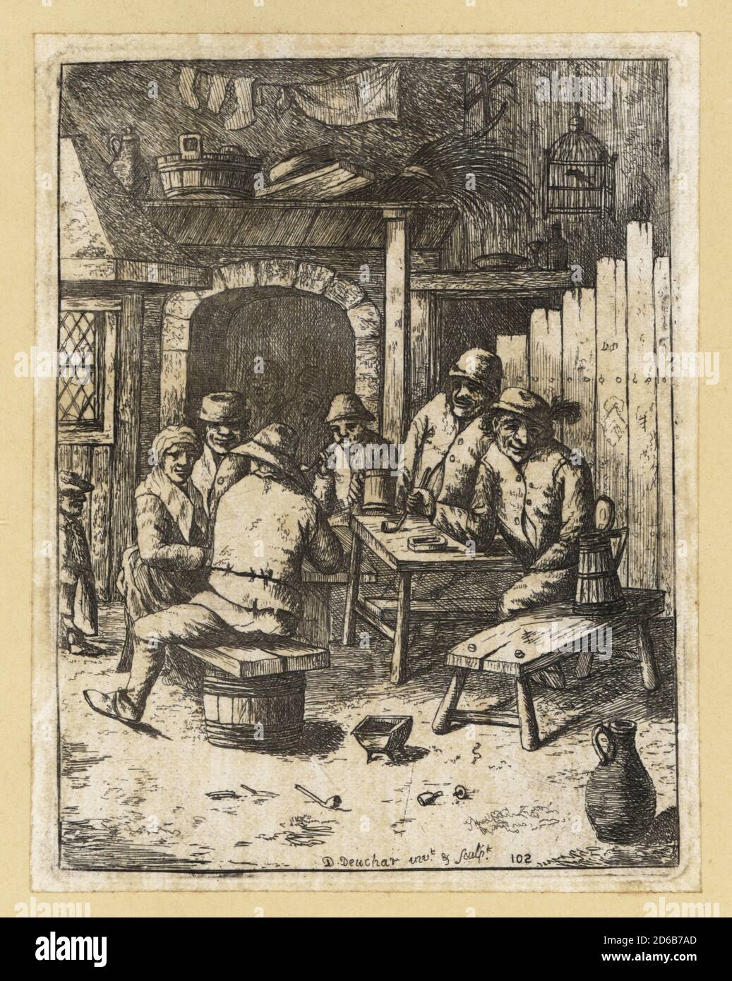 les paysans du xviie siècle buvant de la bière et fument des pipes dans une taverne. Ils s'assoient sur des bancs et des tonneaux en bois, avec des cruches et des tankards, des tuyaux et des cendriers sur la table. Gravure sur plaque de coperplate par David Deuchar d'UNE collection de gravures d'après les maîtres les plus éminents des écoles néerlandaises et flamandes, Édimbourg, 1803. Banque D'Images