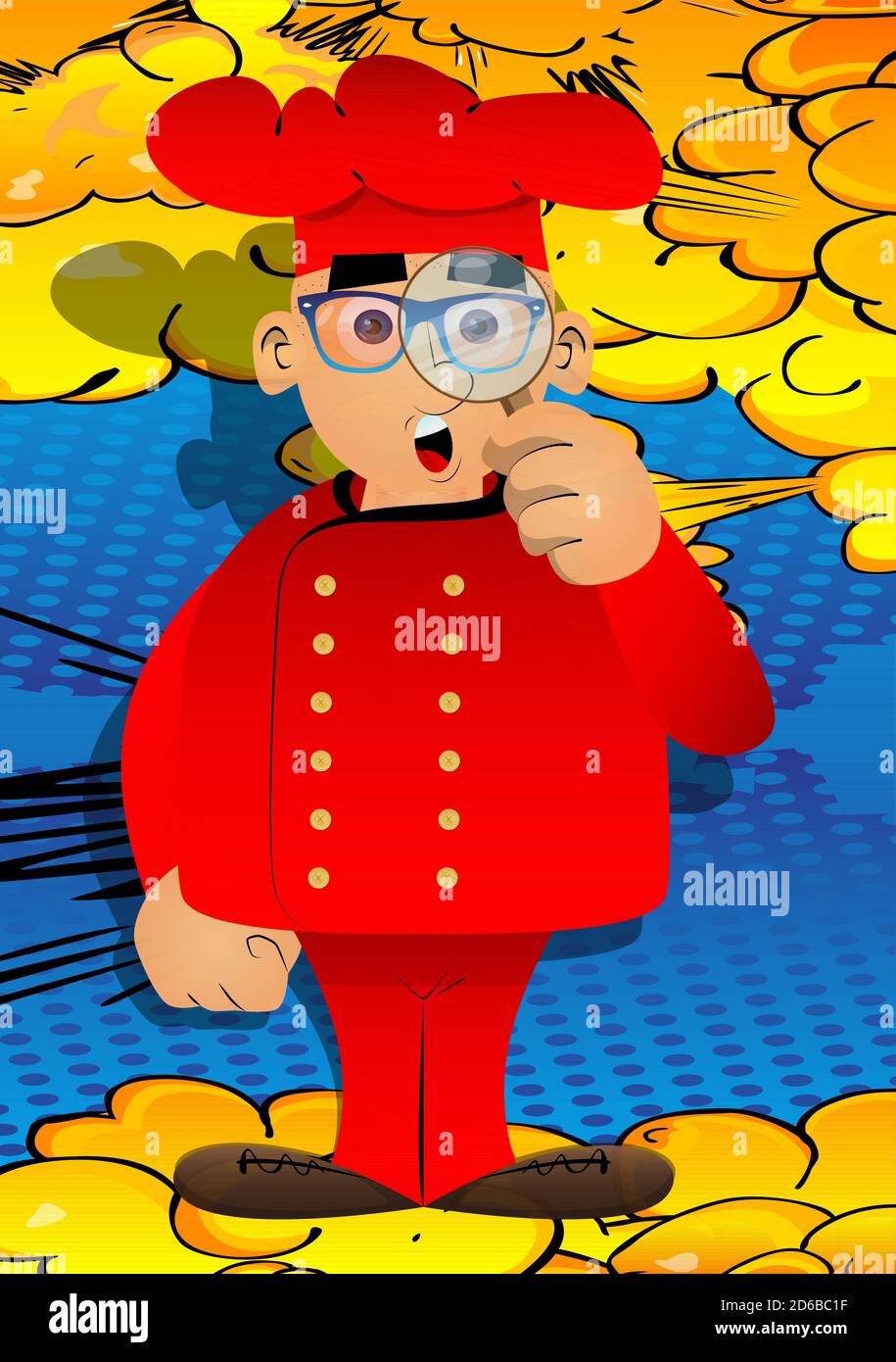Chef de dessin animé gros mâle en uniforme tenant une loupe. Illustration vectorielle. Illustration de Vecteur