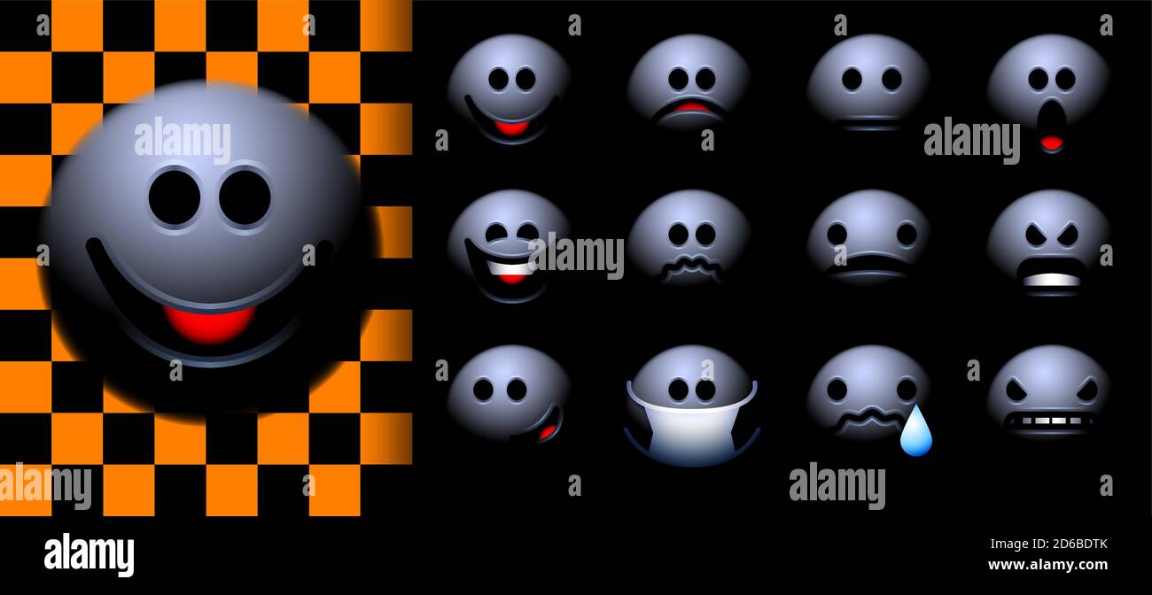 Ensemble d'émoticônes ou de smileys sur le thème de l'Halloween avec le fantôme dans l'obscurité. Toutes les émotions de base - joie, peur, bonheur, tristesse Illustration de Vecteur