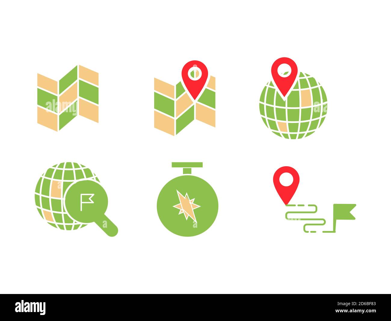Icône de position géographique définie avec carte, PIN, monde avec PIN, recherche de position, boussole et indicateur de destination, Illustration de Vecteur