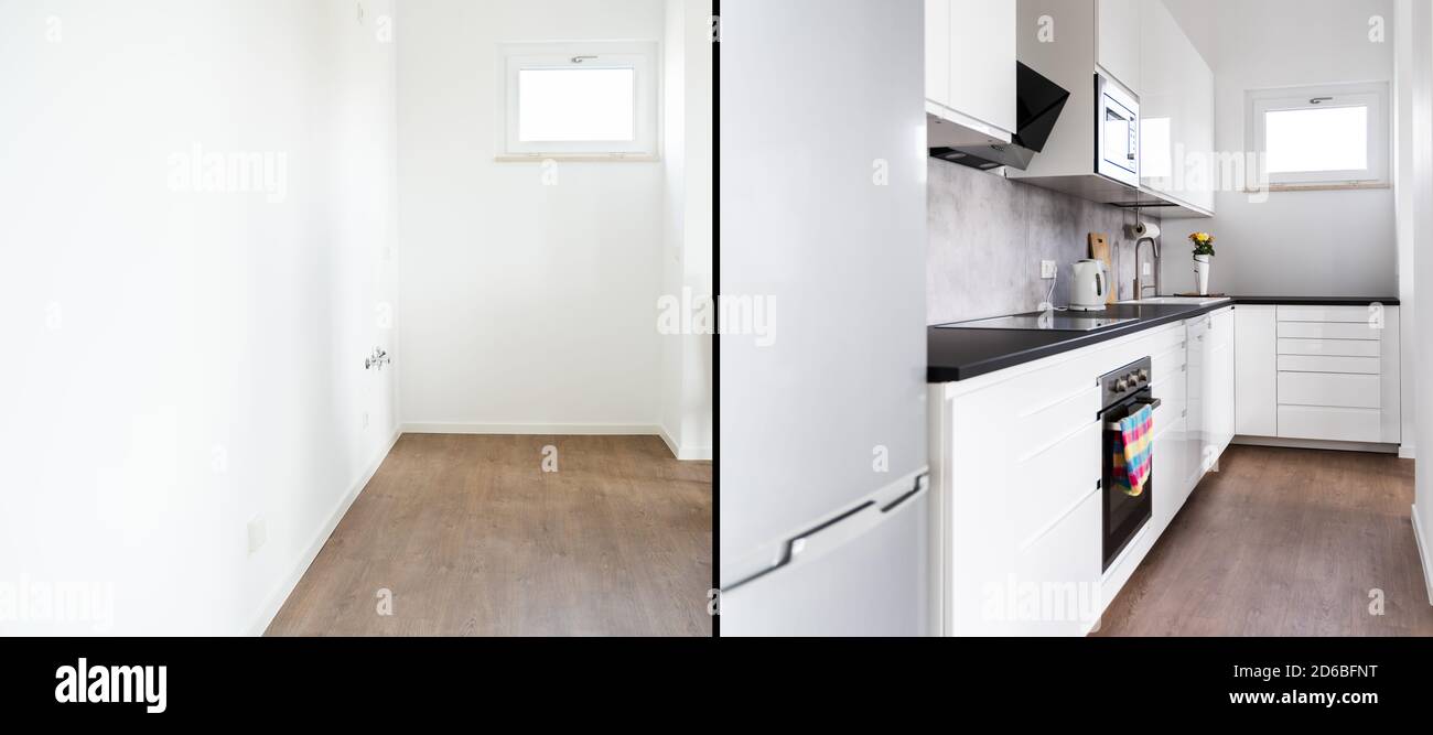 Maison cuisine intérieur remodélisation avant et après Banque D'Images