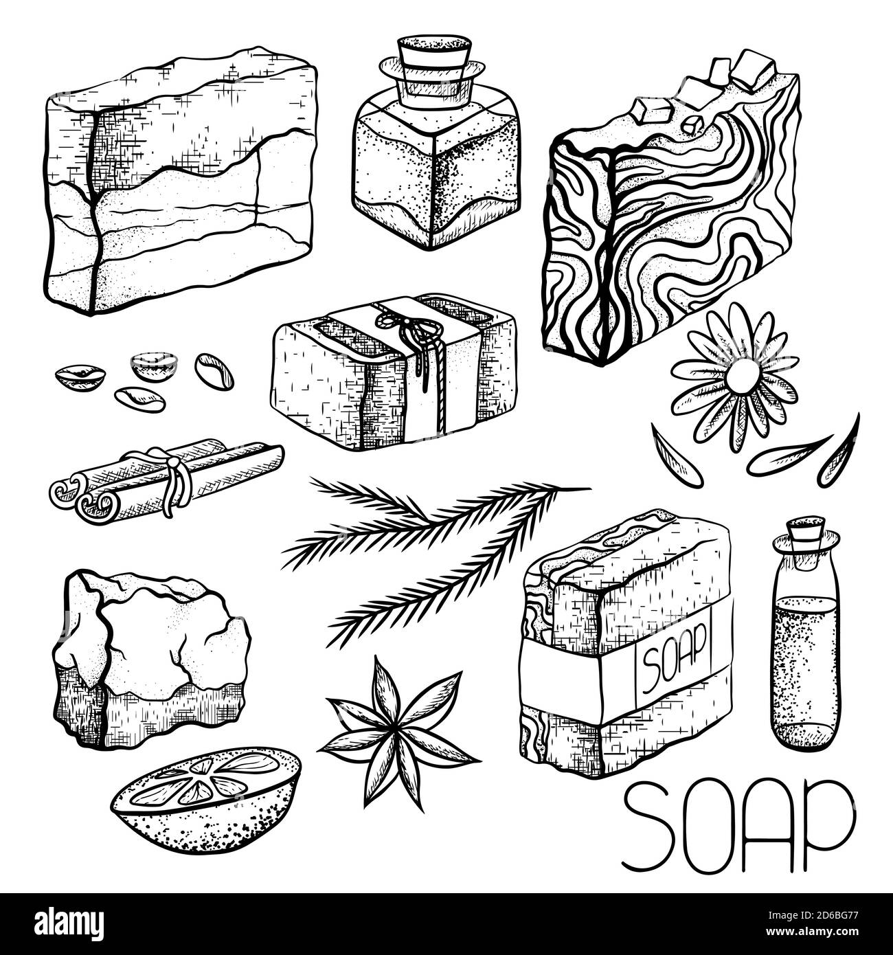 Ensemble de savons faits main dessinés à la main et d'ingrédients pour faire du savon. Savon pour les mains, cannelle, café, huile, orange, genévrier, calendula. Mise en plan d'esquisse vectorielle Illustration de Vecteur