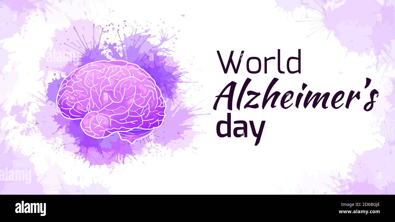 Journée internationale de l'Alzheimers. Carte horizontale avec cerveau humain sur taches d'aquarelle pourpre. Maladie et extinction. Bannière vectorielle pour les articles médicaux Illustration de Vecteur