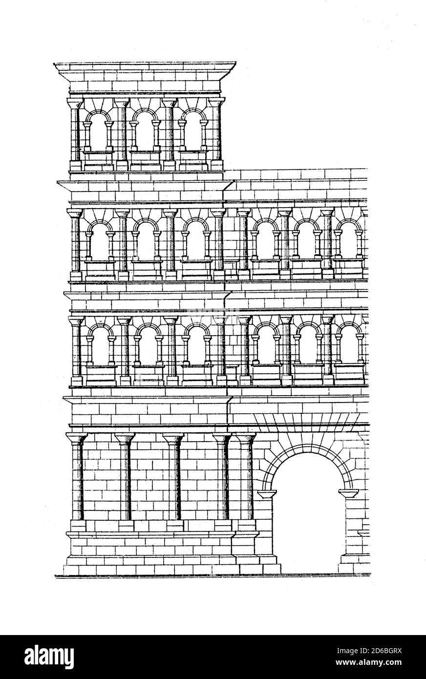Gravure antique représentant la façade de Porta Nigra à Trèves, Allemagne. Illustration publiée dans Vergleichende Architektonische Formenlehre par Carl Banque D'Images
