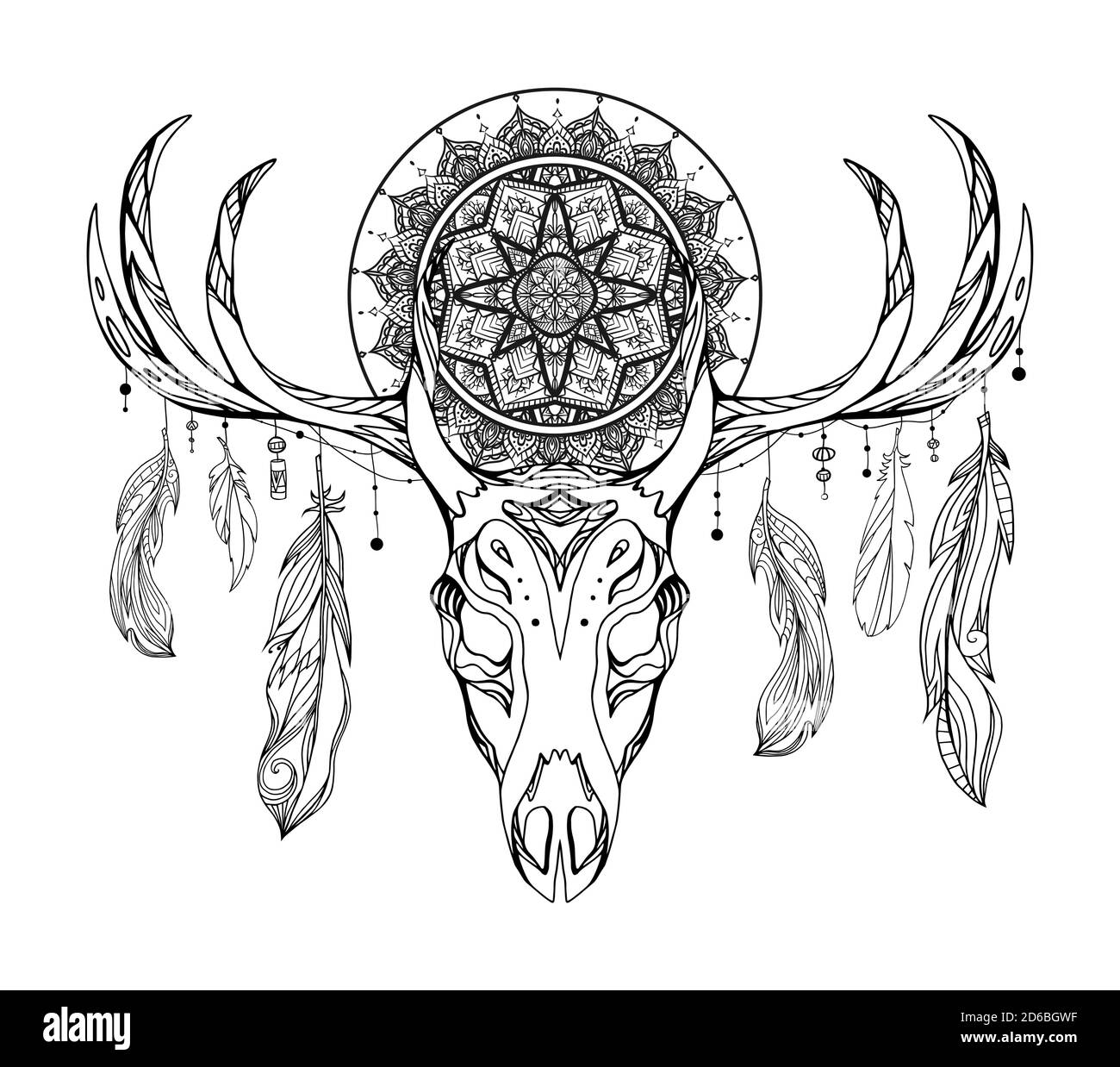 Illustration ethnique d'un crâne de cerf avec un attrape-rêve et des plumes. Totem mystique. Image vectorielle noir et blanc pour les croquis de tatouage, impression Illustration de Vecteur