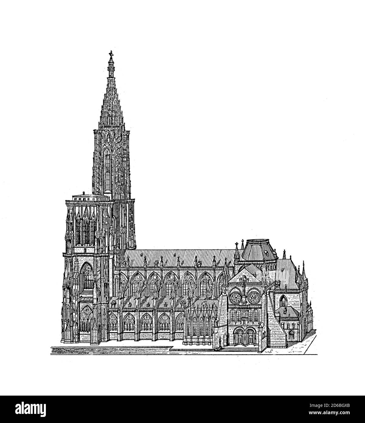 Illustration ancienne de la cathédrale de Strasbourg datant du XIXe siècle. Gravure publiée dans Vergleichende Architektonische Formenlehre par Carl Scholtze, Leipzig Banque D'Images