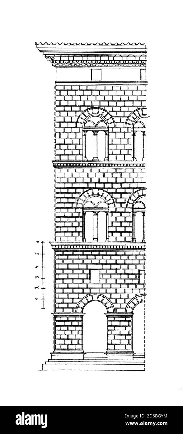 Illustration antique représentant une partie de la façade du Palais Piccolomini à Sienne, Italie. Il a été conçu par Alberto di Giovanni Alberti. Pub gravure Banque D'Images