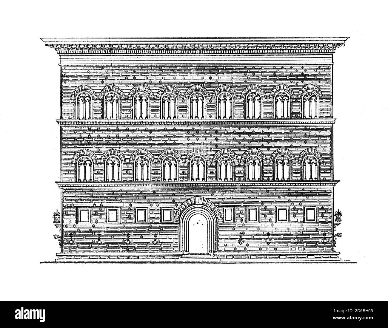 Gravure antique de Palazzo Strozzi à Florence, Italie. Illustration publiée dans Vergleichende Architektonische Formenlehre par Carl Scholtze, Leipzi Banque D'Images