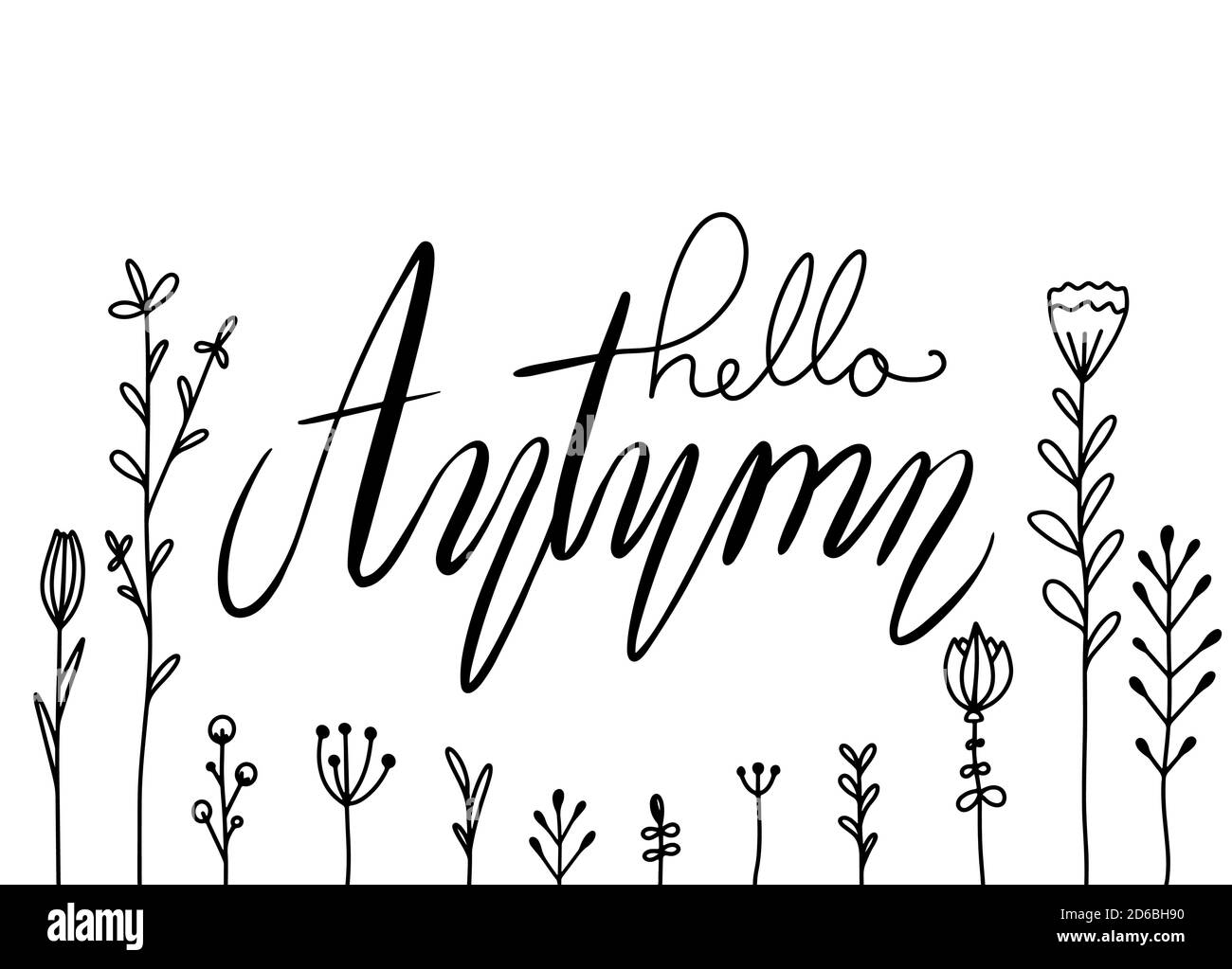 Bonjour, automne. Lettrage manuscrit avec fleurs en forme de coolé. Carte de vœux horizontale avec calligraphie au pinceau. Bienvenue, automne. Elément vectoriel pour cartes, t- Illustration de Vecteur