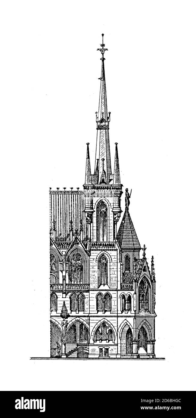 Projet architectural antique de gravure du XIXe siècle de l'hôtel de ville de Dortmund par Franz Ewerbeck. Illustration publiée dans Vergleichende Architekt Banque D'Images