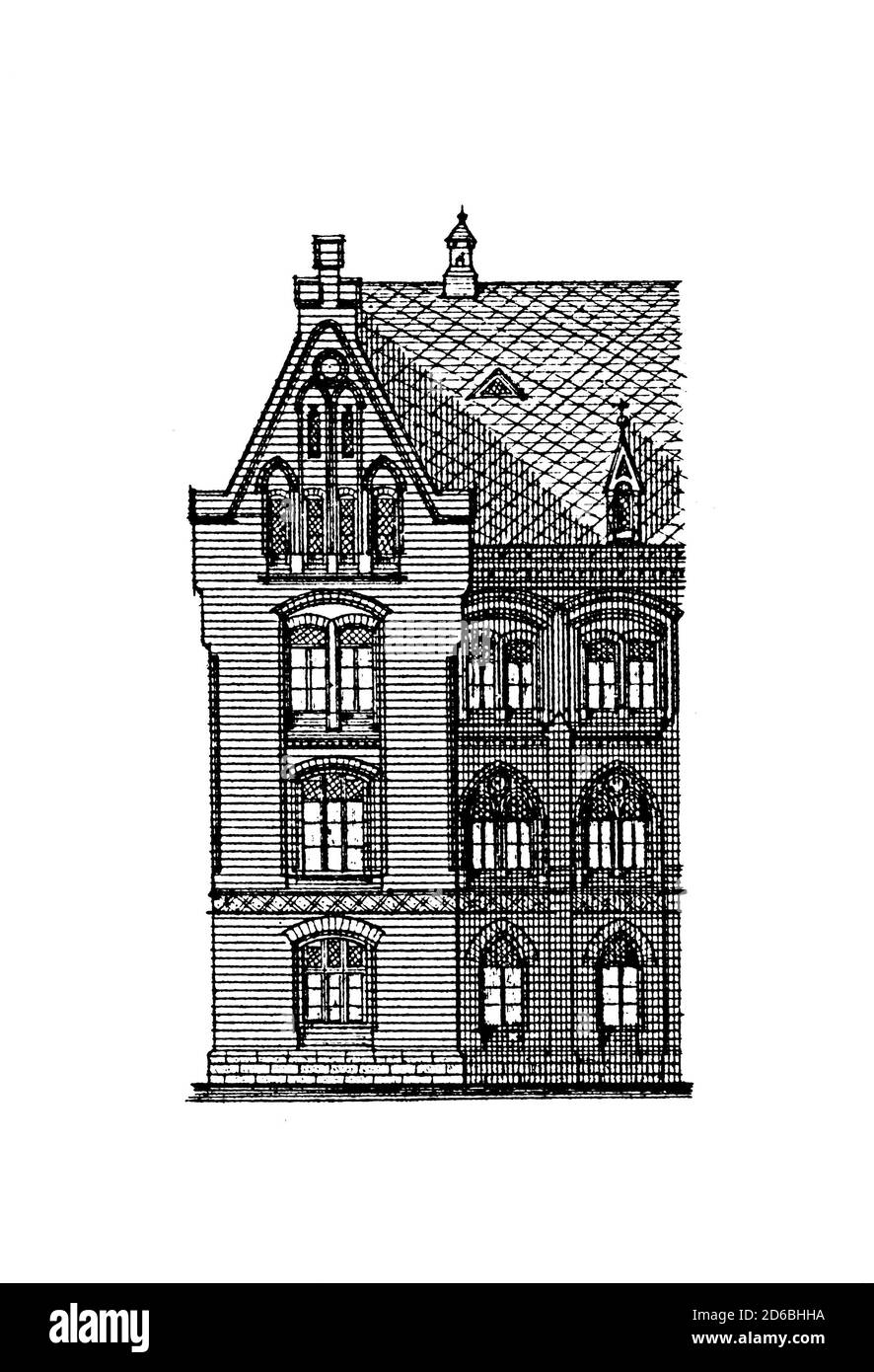 Illustration du XIXe siècle de l'école de grammaire européenne à Waldenburg (XIXe siècle). Gravure publiée dans Vergleichende Architektonische Formenlehre par Banque D'Images