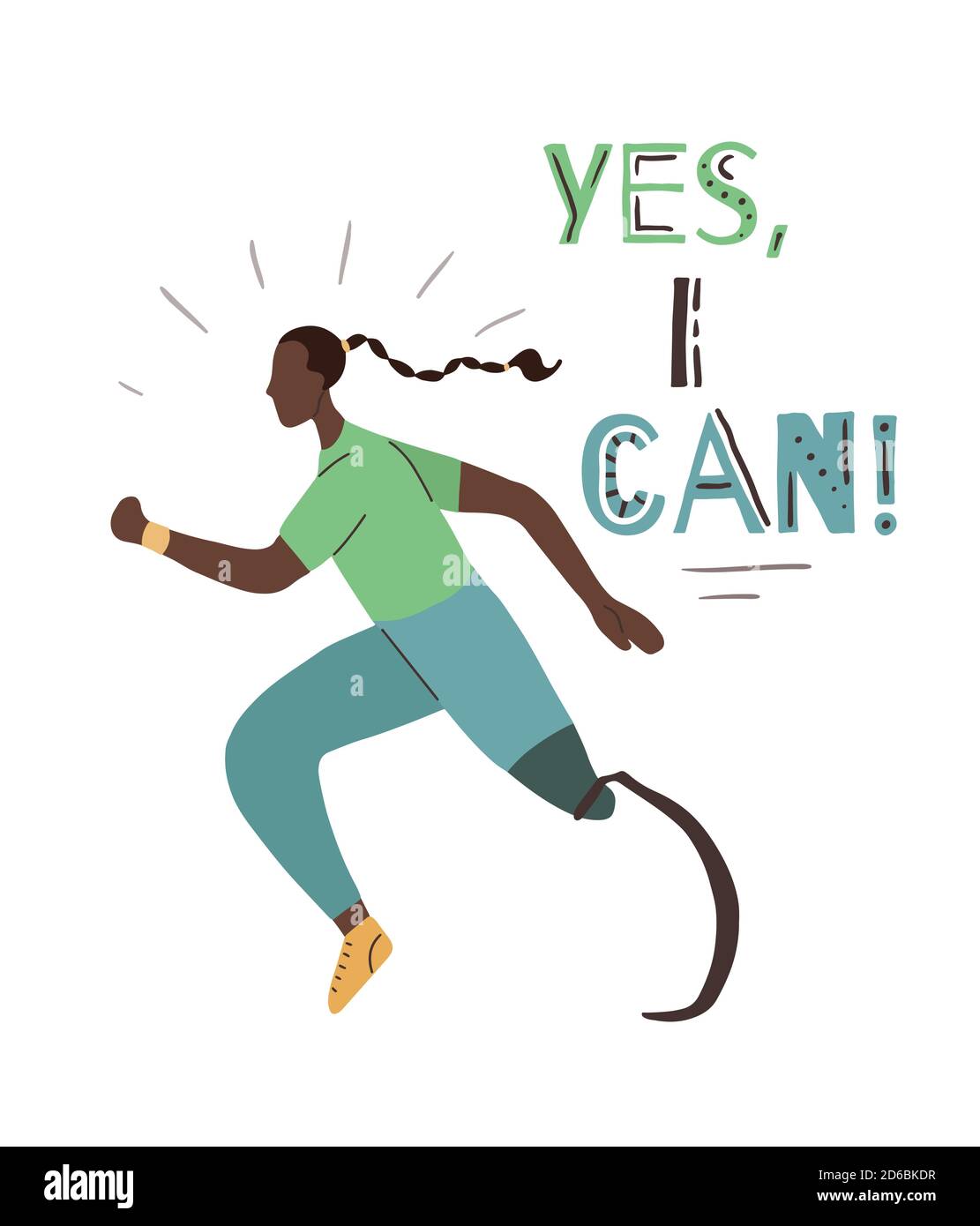 Affiche avec lettrage Oui, je peux et plat coureur de fille avec prothétique jambe. Jogger sportswoman. Citation de motivation avec une femme sportive forte avec le disabi Illustration de Vecteur