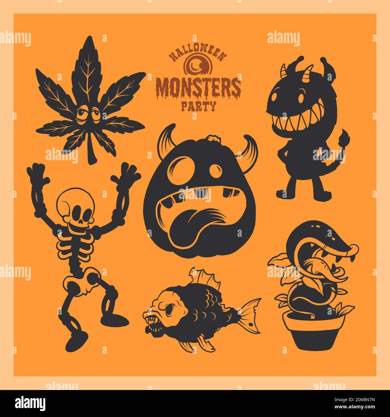 Ensemble de créatures mystiques pour Halloween. Collection de silhouettes noires sur fond orange. Illustration vectorielle de monstres. Illustration de Vecteur