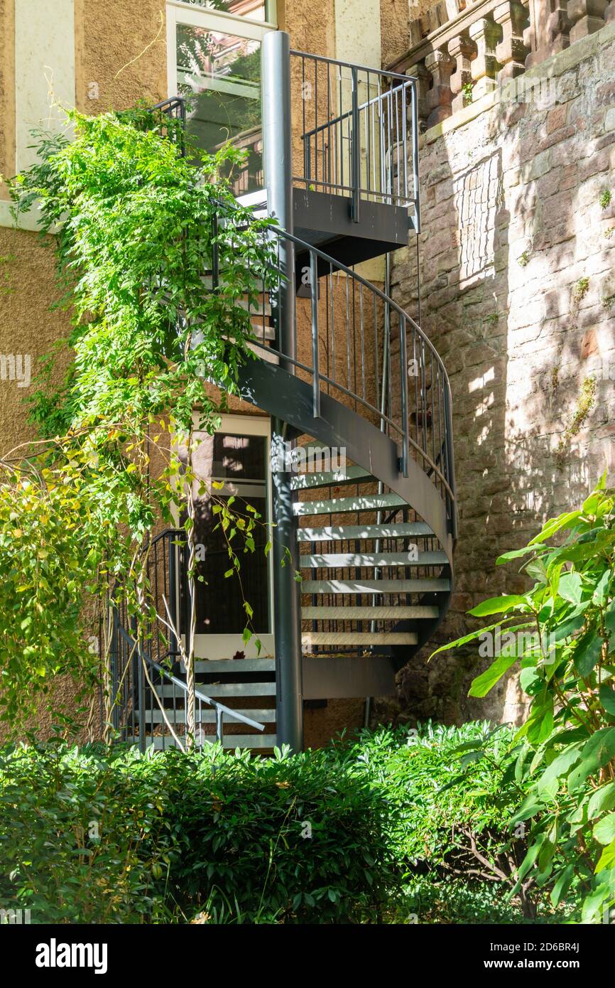 Escalier en fer surcultivé dans un jardin caché Banque D'Images