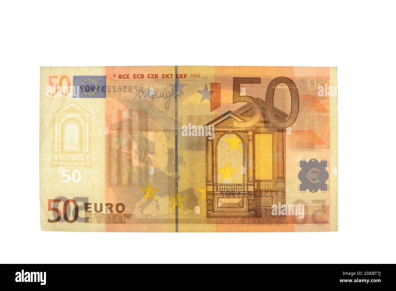billet de 50 euros vu contre la lumière sur fond blanc.billet de 50 euros sur fond blanc. Banque D'Images