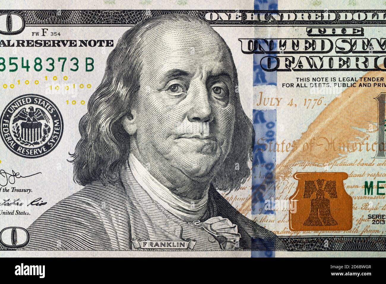 Gros plan sur Benjamin Franklin sur une facture de 100 dollars Banque D'Images