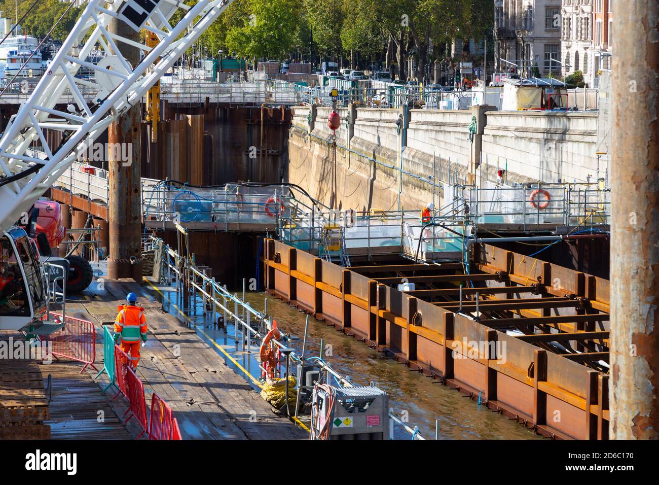 Thames tideway tunnel, construction de nouveaux égouts, Blackfriars Bridge front de mer, londres, royaume-uni Banque D'Images