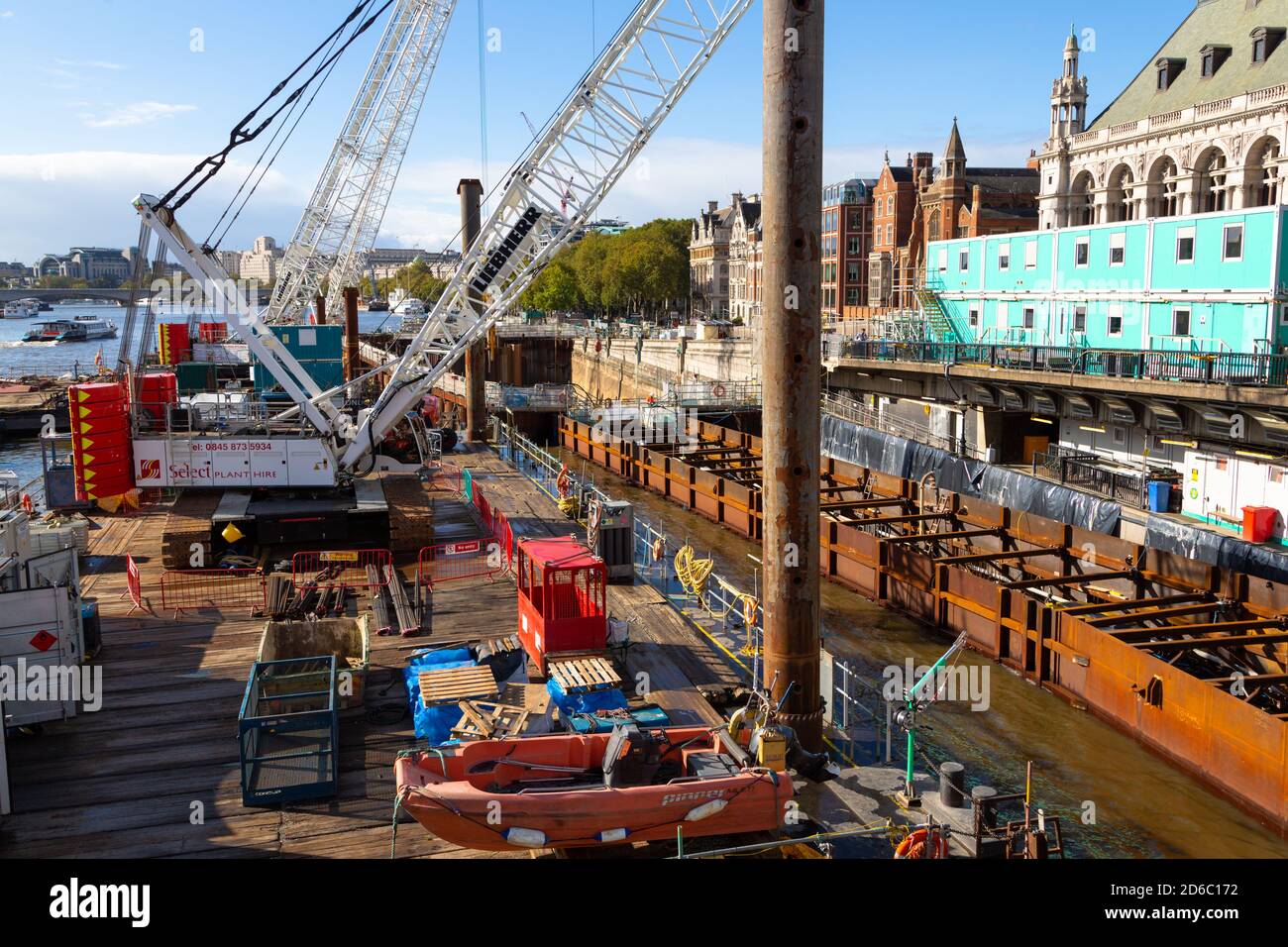 Thames tideway tunnel, construction de nouveaux égouts, Blackfriars Bridge front de mer, londres, royaume-uni Banque D'Images