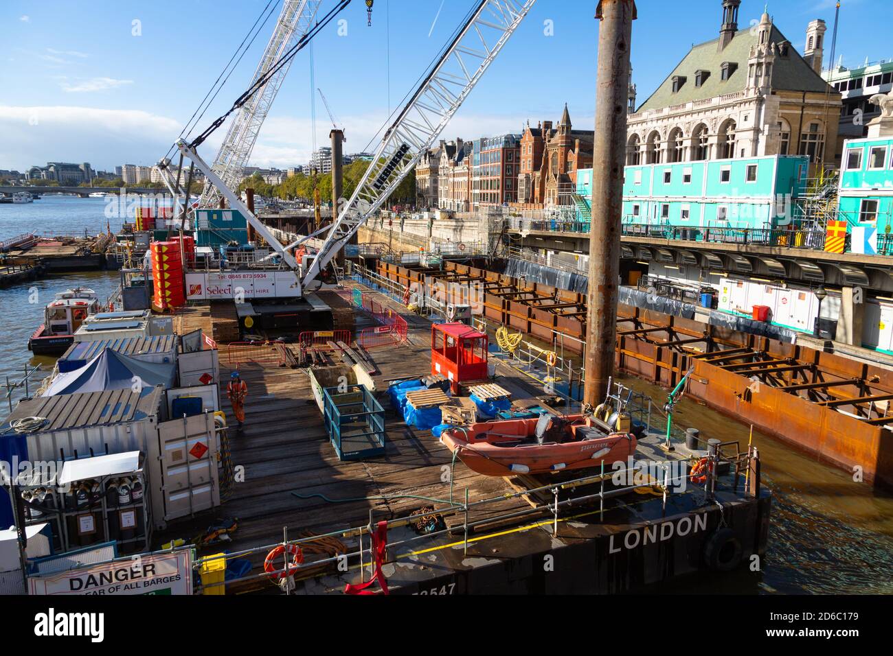 Thames tideway tunnel, construction de nouveaux égouts, Blackfriars Bridge front de mer, londres, royaume-uni Banque D'Images