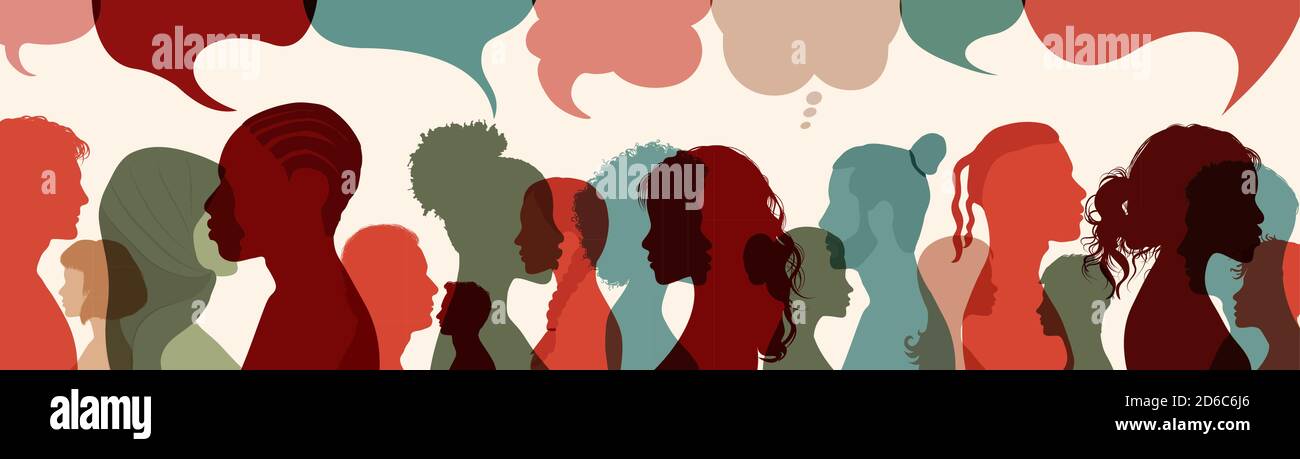 Foule.Silhouette têtes fait face au côté du groupe de personnes internationales parlant.diversité personnes.bulle de parole. Communication. Communiquer sur les réseaux sociaux Illustration de Vecteur