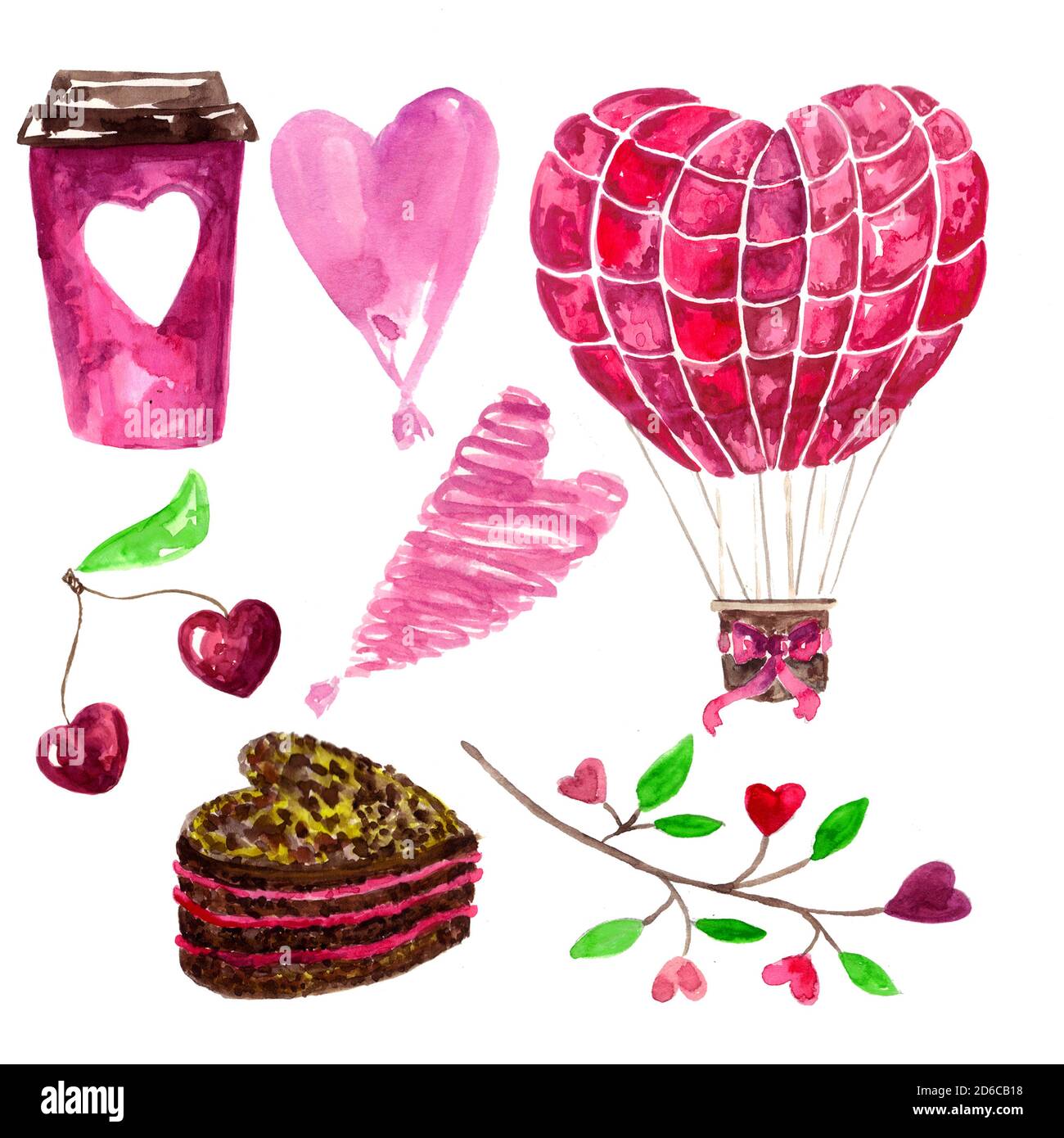 Symbole d'amour, de coeur, de couleur rose.Aquarelle dessinée à la main. Tasse de café, cerise, aérostat, gâteau, conception de branche pour les invitations et les cartes de vœux Banque D'Images