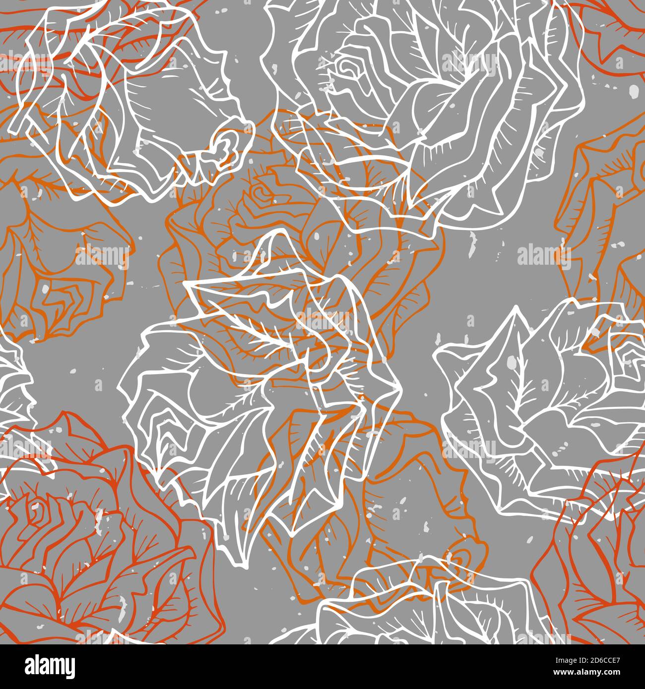 Motif vectoriel sans couture avec roses dessinées à la main et éléments de texture. En gris, orange et blanc. Illustration de Vecteur