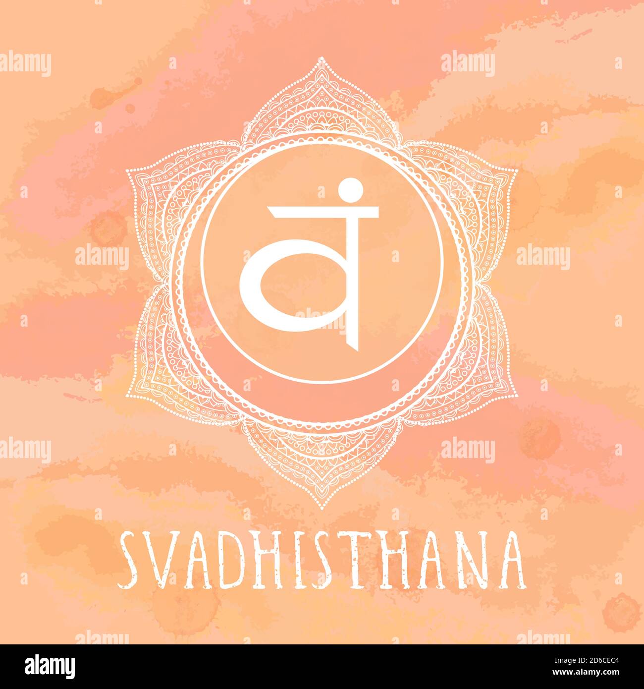 Illustration vectorielle avec le symbole Svadhishana - chakra sacré sur fond aquarelle. Entourez le motif de mandala et le lettrage dessiné à la main. Couleur. Illustration de Vecteur