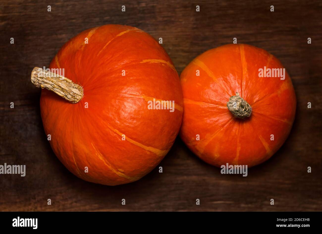 Deux citrouilles sont sur un fond en bois sombre, vue du dessus. Banque D'Images