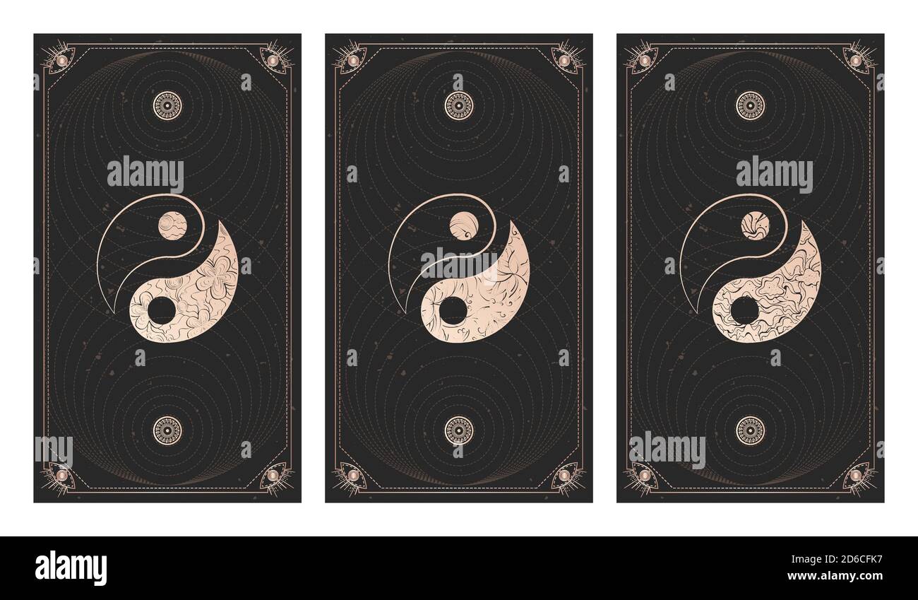 Ensemble vectoriel de trois signes yin yang sur fond sombre avec forme géométrique, textures et cadres grunge. Symboles avec éléments floraux. Illustration dans Illustration de Vecteur