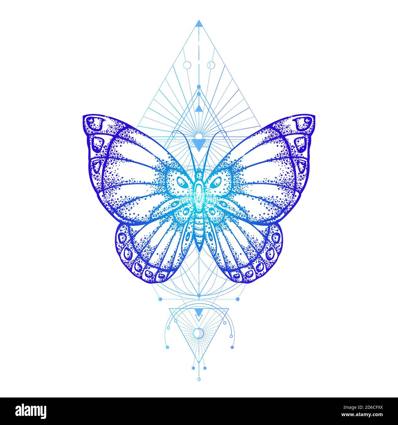 Illustration vectorielle avec papillon dessiné à la main et symbole géométrique Sacré sur fond blanc. Signe mystique abstrait. Forme linéaire colorée. Pour vous des Illustration de Vecteur