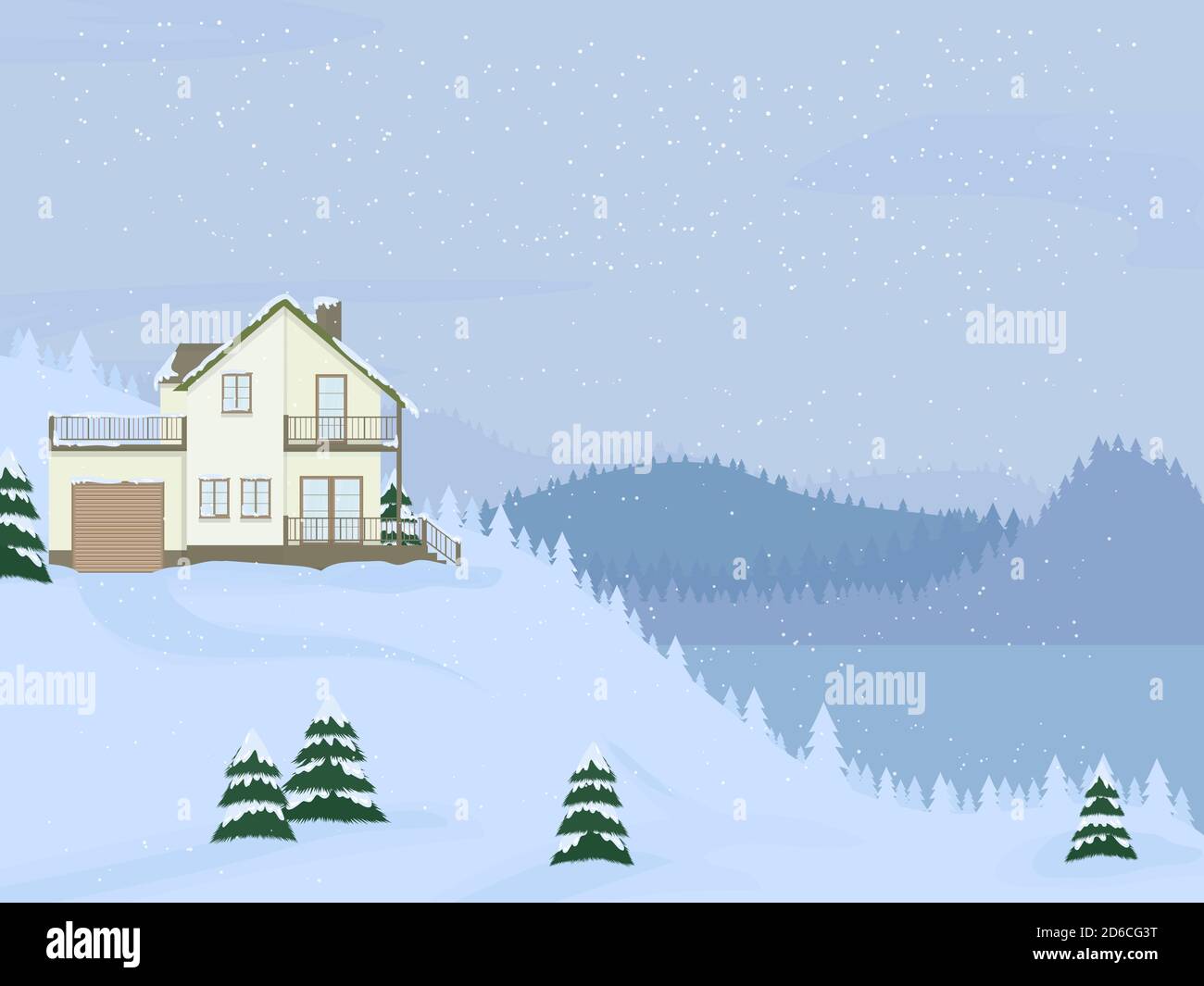 Illustration vectorielle de la maison familiale suburbaine avec mansarde, lac et fermes contre le paysage d'hiver et la neige. Illustration de Vecteur