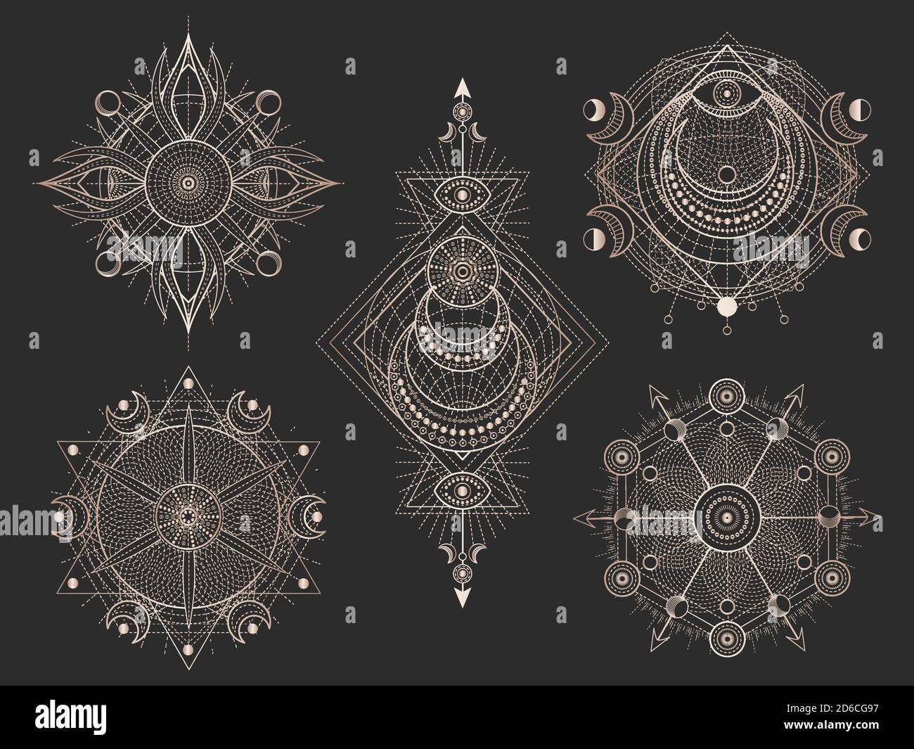 Ensemble vectoriel de symboles géométriques et de chiffres sacrés sur fond noir. Collection de signes mystiques abstraits. Formes linéaires en or. Pour vous le design ou la magie Illustration de Vecteur
