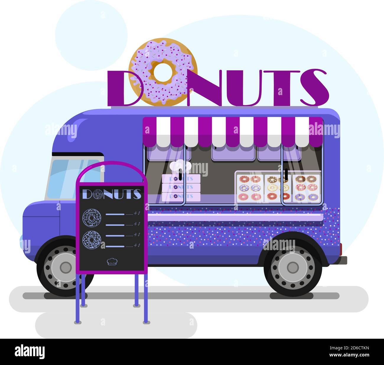 Camion alimentaire de rue avec beignets. Illustration vectorielle plate d'une pâtisserie sur roues avec un auvent rayé, un énorme donut sur une fourgonnette et un stand publicitaire avec un menu. Illustration rétro élégante de la restauration rapide dans les parcs et dans les rues de la ville. Vecteur de la machine métier. Achetez des voitures sur roues. Une piste de voiture colorée avec logo amusant illustration vectorielle avec van et donut Illustration de Vecteur