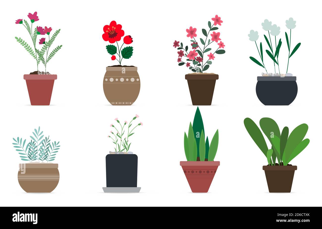 Ensemble de jolis pots à fleurs vectorielles pour la décoration de votre intérieur. Illustration vectorielle plate dans un design moderne. Huit plantes ornementales isolées avec des fleurs ou de grandes feuilles. Image pour décoration intérieure, cartes postales, bannières, publicités. Illustration de Vecteur