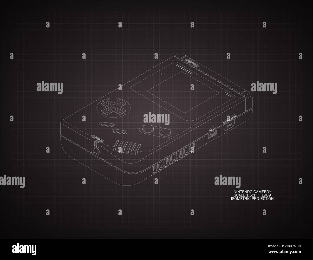 Dessin de ligne mécanique technique en projection isométrique et orthographique d'une console nintendo gameboy vintage 1989 sur un noir arrière-plan sombre Banque D'Images